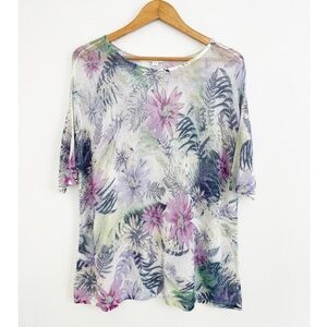 J. Jill Linen Blend Costal Floral Short Sleeves Knit Top Size Large